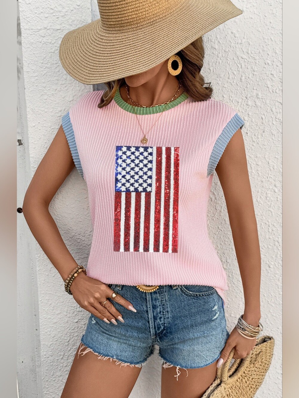 Pink Sleeveless Ribbed Tank with Sequin American Flag - Picture 5 of 10